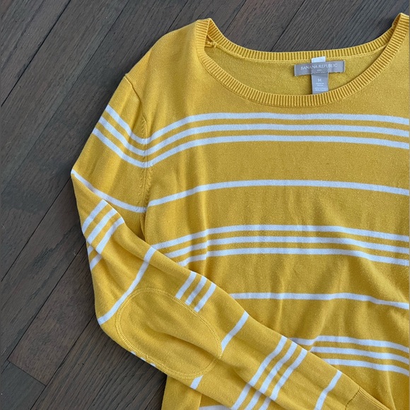 Banana Republic Yellow and White Stripe Lightweight Sweater with Elbow Patches - Picture 4 of 5